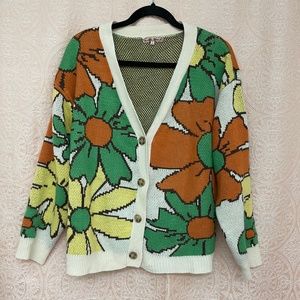 Women's Bailey Rose 70s Floral Sweater Cardigan Orange and Green Medium